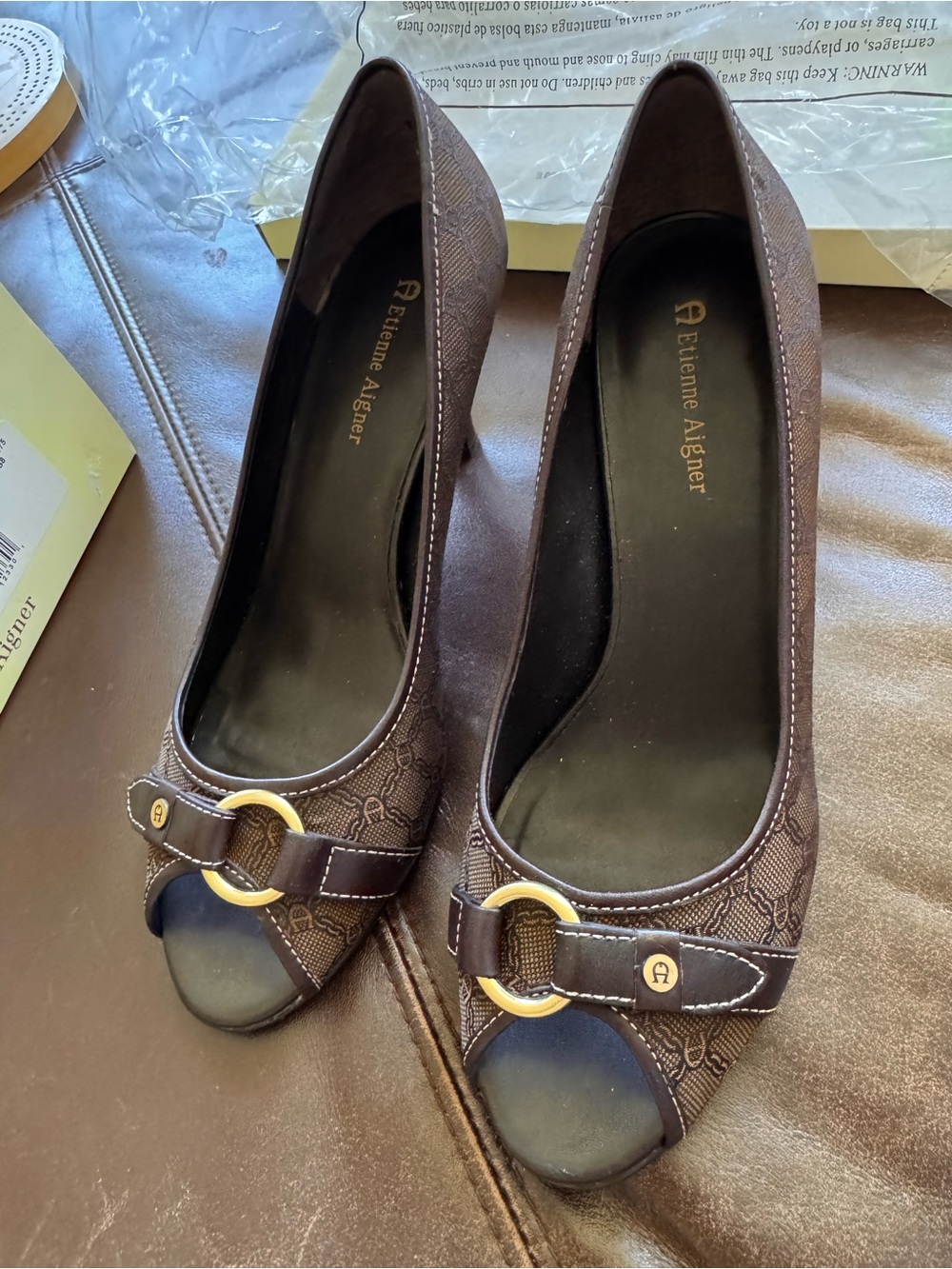 Never worn Etienne Aigner Brown Peep-Toe Pumps with Gold Ring Accent